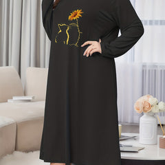 Sunflower & Cat Print Long Sleeve Casual Lounge Dress