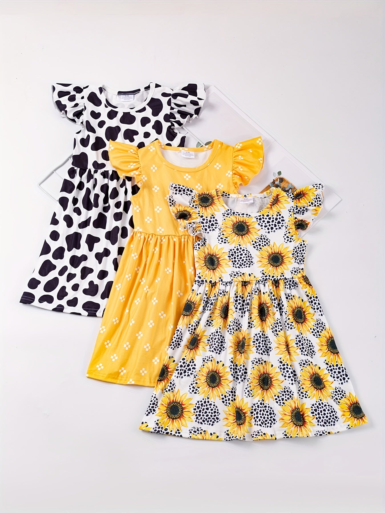 Toddler Girls Ruffled Sleeves Polka Dot Leopard Sunflower Princess Dress