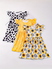 Toddler Girls Ruffled Sleeves Polka Dot Leopard Sunflower Princess Dress