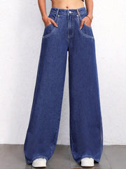 Double Pocket Detail Wide Leg Mopping Jeans Mid Rise Washed Patch