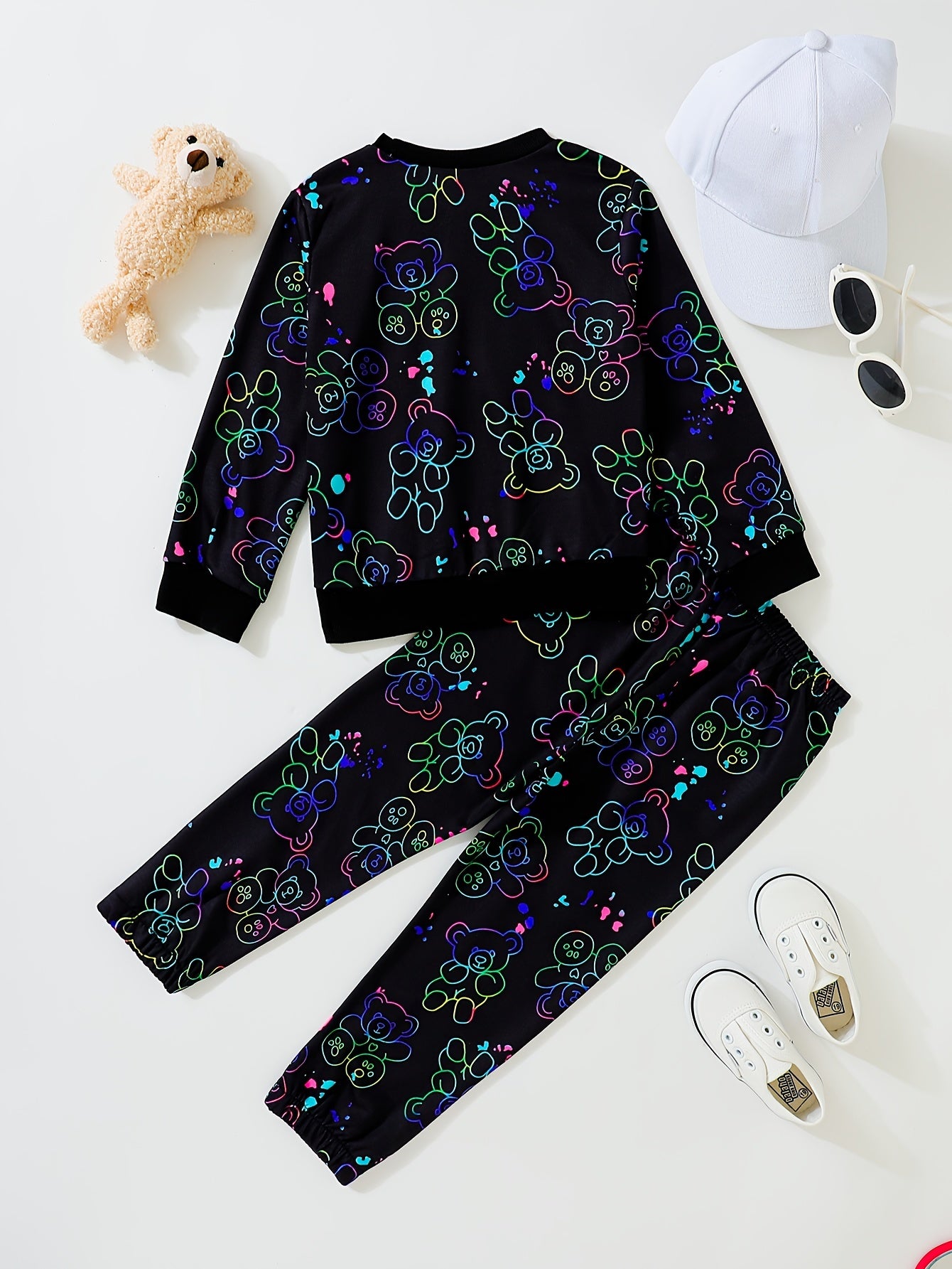 Toddler Boy's Bear Pattern Outfit 2pcs Sweatshirt & Sweatpants Set