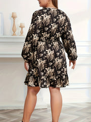 Boho Dress Women's Plus Floral Print Long Sleeve Shirred Waist Dress