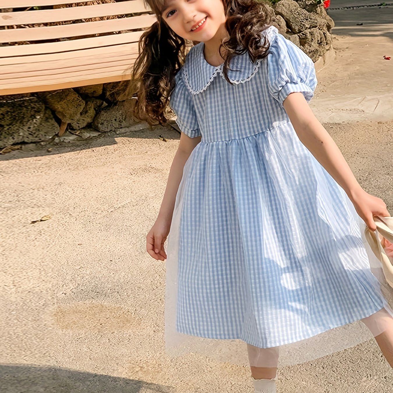 Girl's Plaid Bubble Sleeve Princess Dress for Summer Party