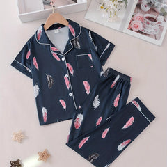 Girls Feather Graphic Button Pajama Set Short Sleeve Top & Pants Sleepwear