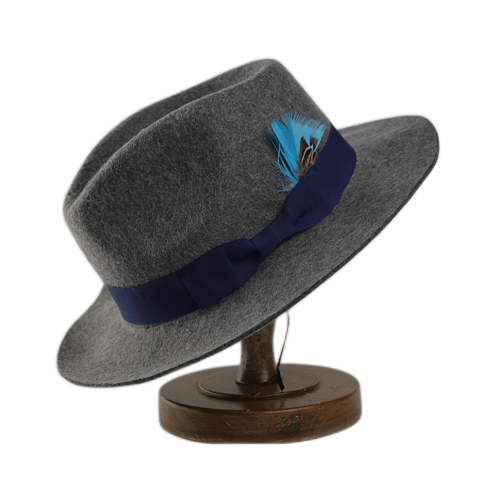 Wool Fedora Hat with Bow Band and Feathers Wide Brim Felt Hat