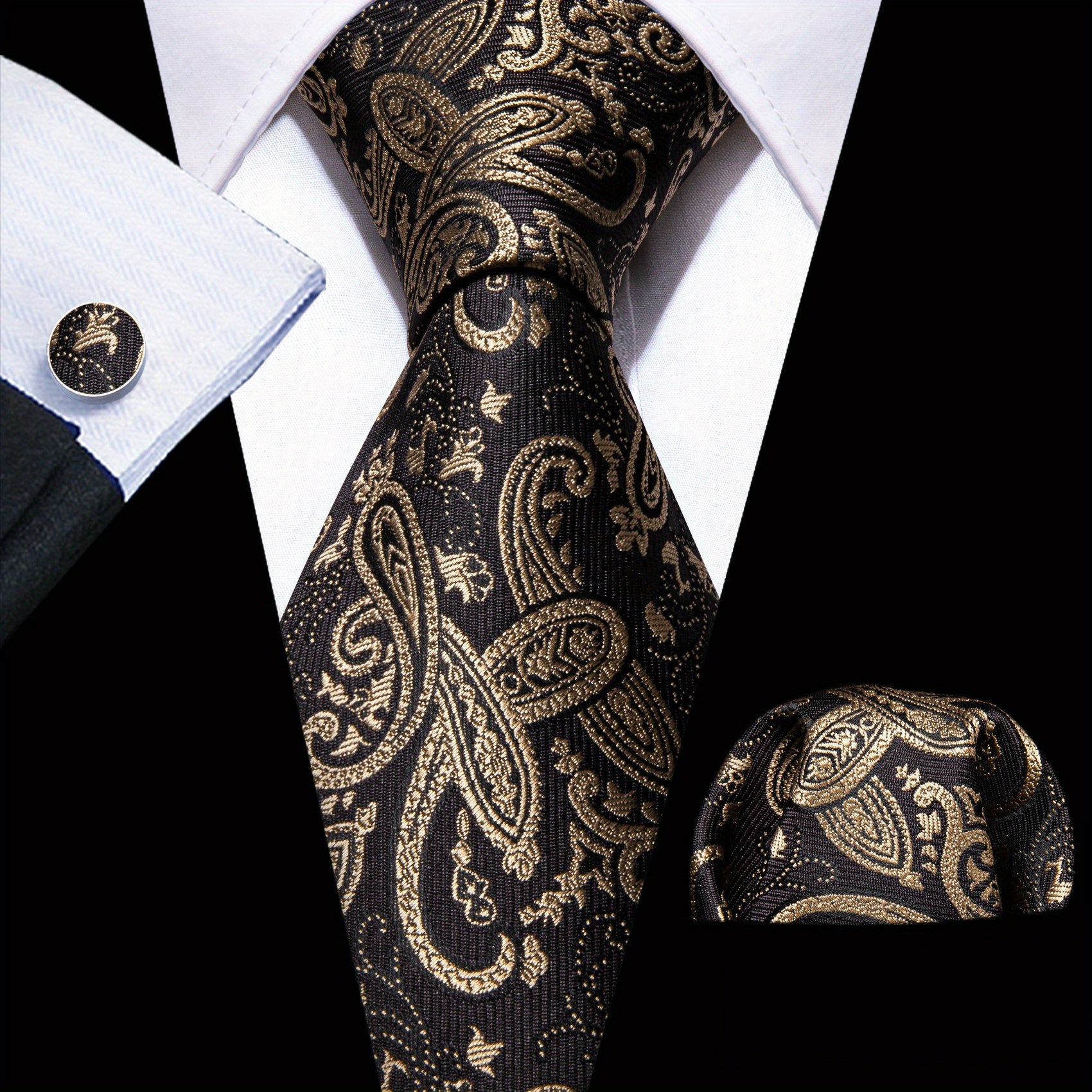 Barry Wang Men's Tie Paisley Set Dark Jacquard Pocket Square Cufflinks