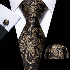 Barry Wang Men's Tie Paisley Set Dark Jacquard Pocket Square Cufflinks
