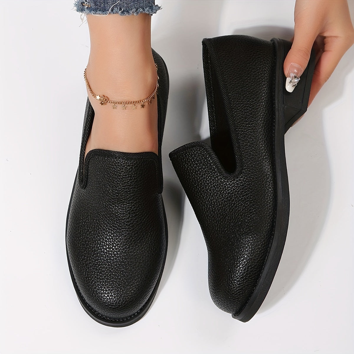 Lychee Pattern Loafers Chunky Heel Shoes Faux Leather