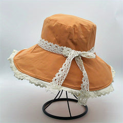 Bowknot Lace Decor Bucket Hat Wide Brim Sun Hat for Travel Beach