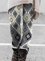 Geometric Print Fleece Leggings Elastic High Rise High Stretch