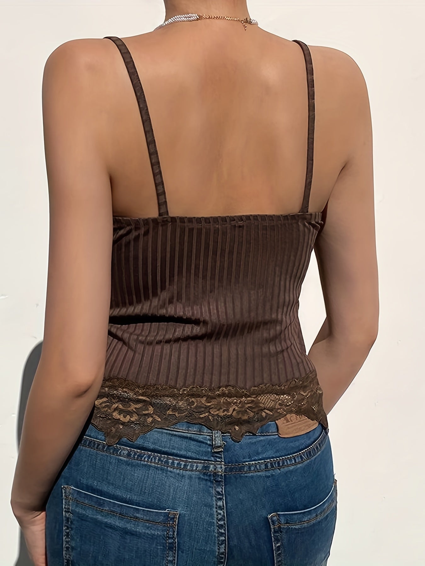 Lace Stripe Textured Spaghetti Strap V Neck Cami Top