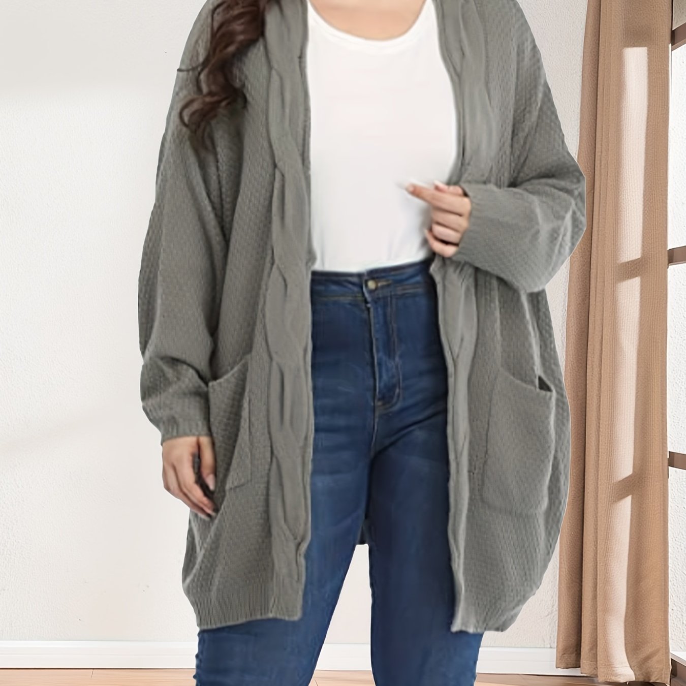 Cable Knit Open Front Long Sweater Cardigan with Pockets