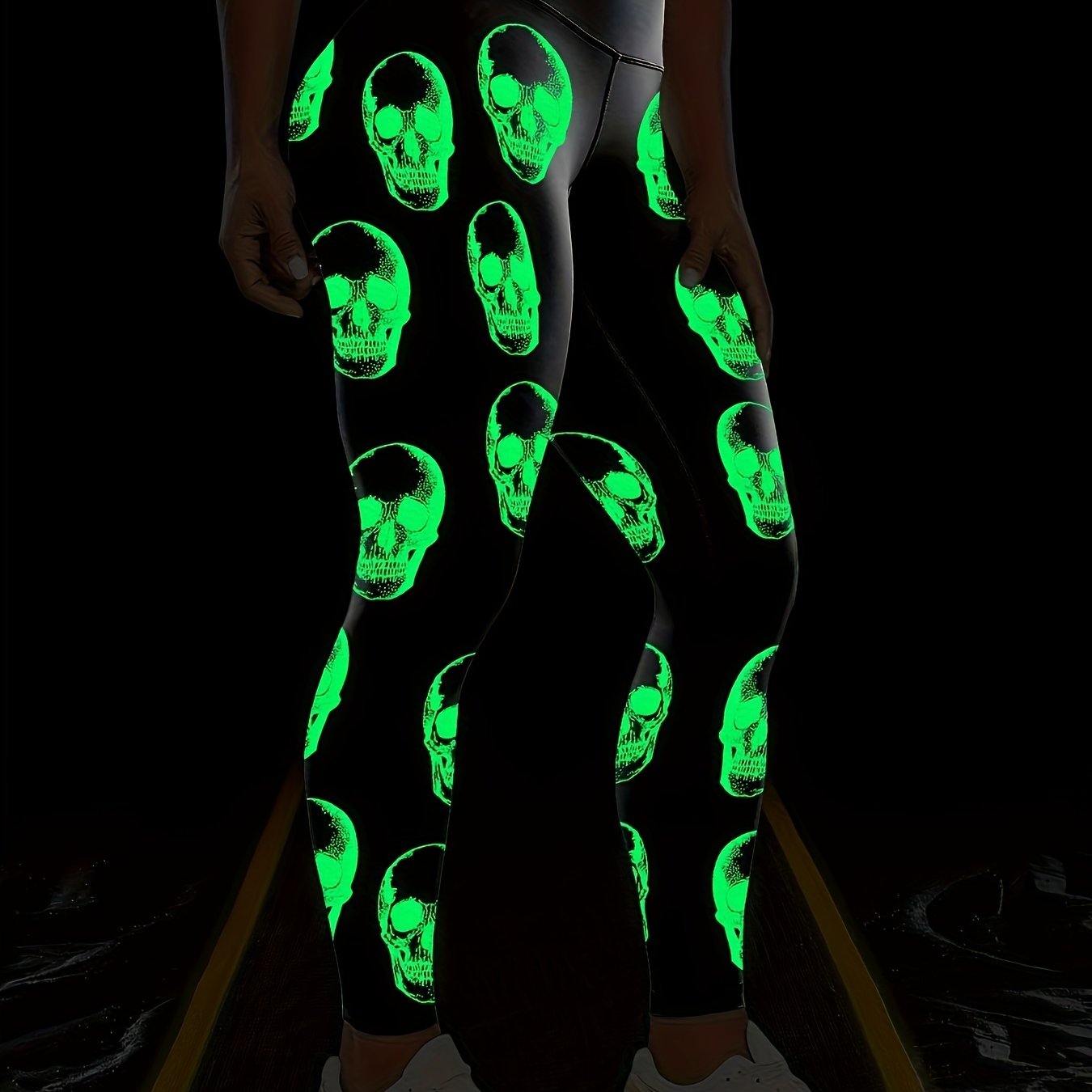 Skull Print Glow-in-the-Dark Leggings High Waisted Elastic Leggings