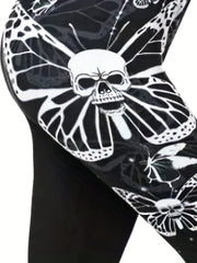Halloween Goth Leggings Women's Plus Butterfly & Skull Print
