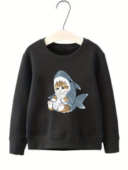 Kitten & Shark Pattern Round Neck Sweatshirt For Girls