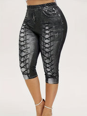 Denim Print Skinny Capris Leggings Casual Crop Leggings