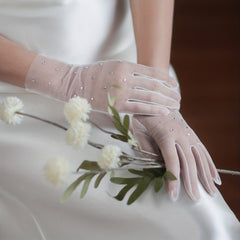Short Mesh Gloves Inlaid Rhinestone Bridal Wedding Gloves