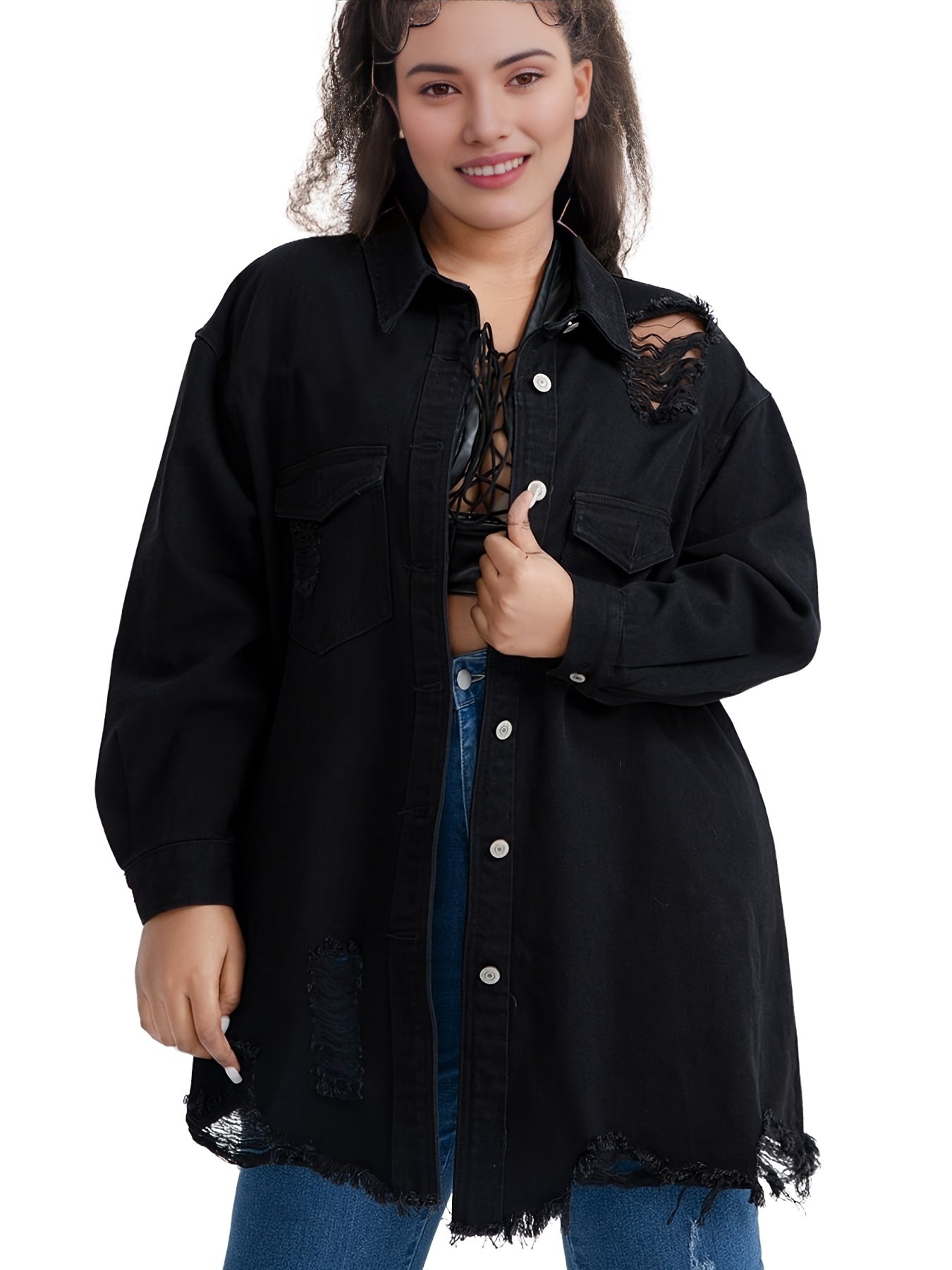 Oversized Denim Jacket with Fringe Trim