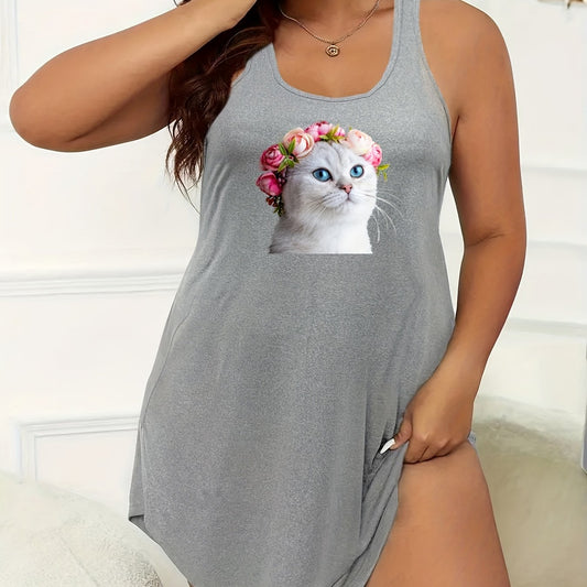Casual Nightdress Women's Plus Floral Cat Print Tank Sleep Dress