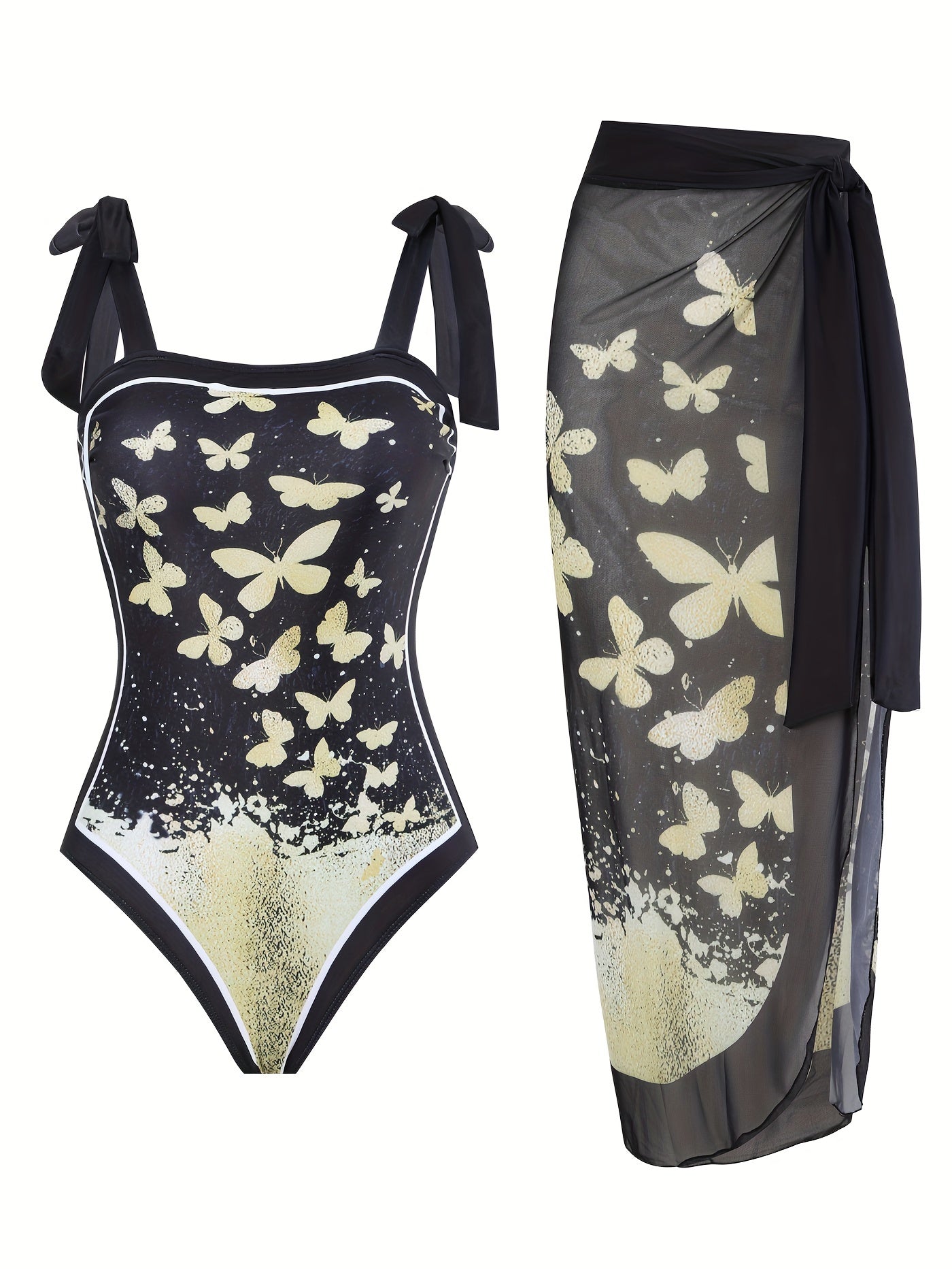 Butterfly Print One Piece Swimsuit & Wrap Cover Up Skirt 2 Piece Set