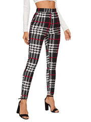 High Waist Plaid Skinny Leggings Stretchy Casual