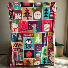 Warm Flannel Blanket for Camping & Home Use with Christmas Cartoon Santa Snowman