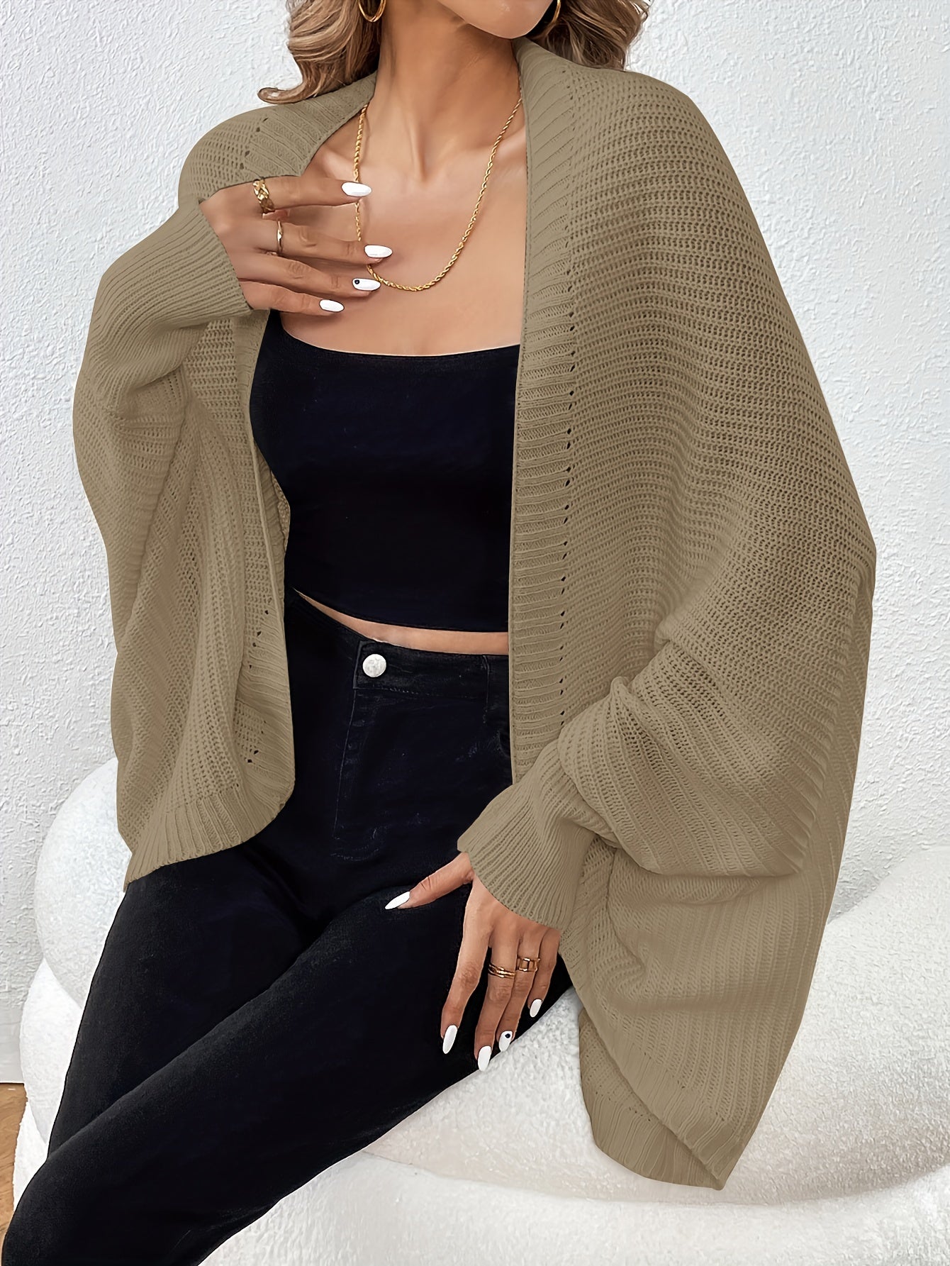 Batwing Sleeve Knit Cardigan Open Front Solid Sweater