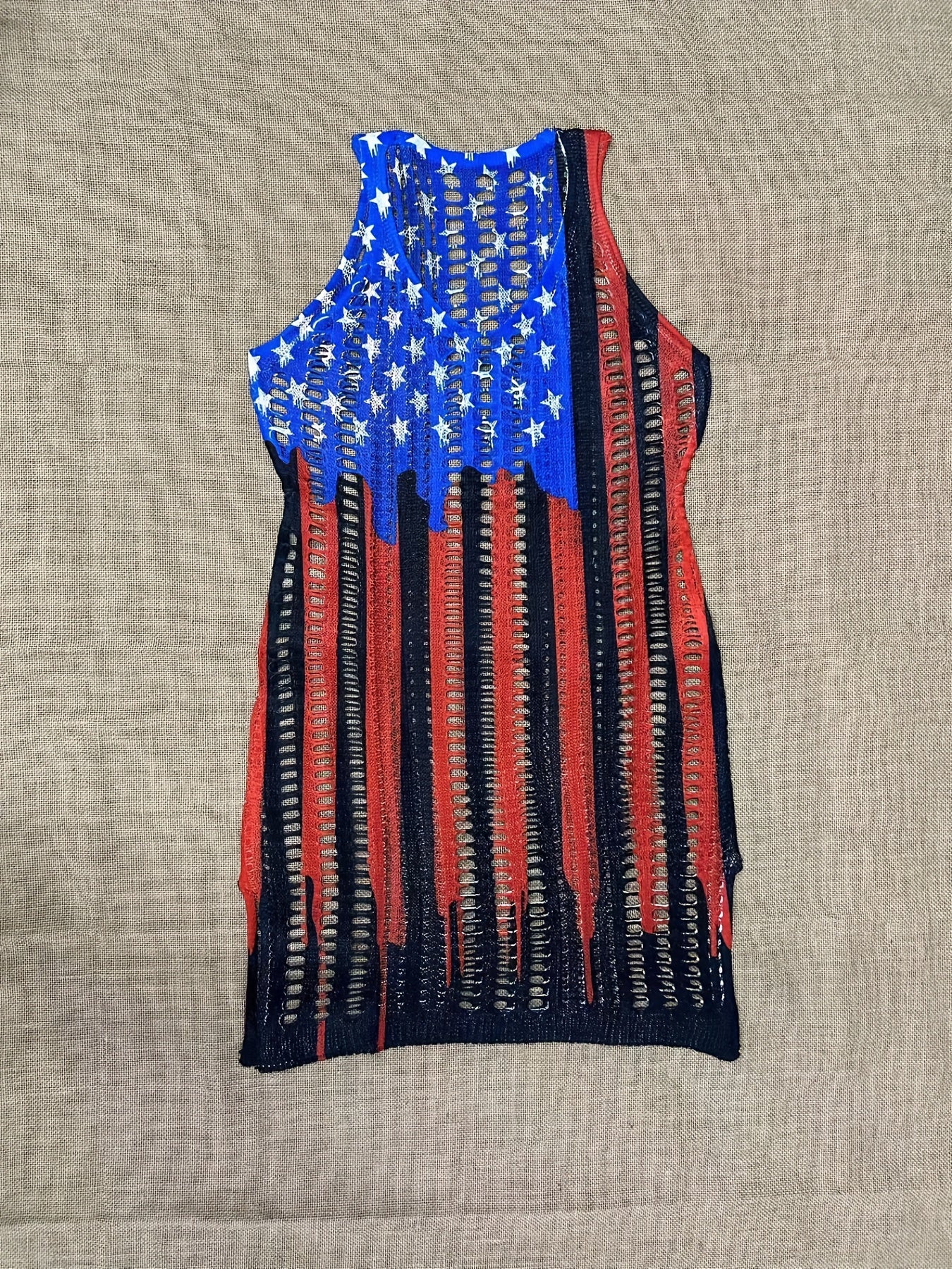 Star Flag Print Hollow Out Dress V Neck See Through Crochet Cover Up Dress