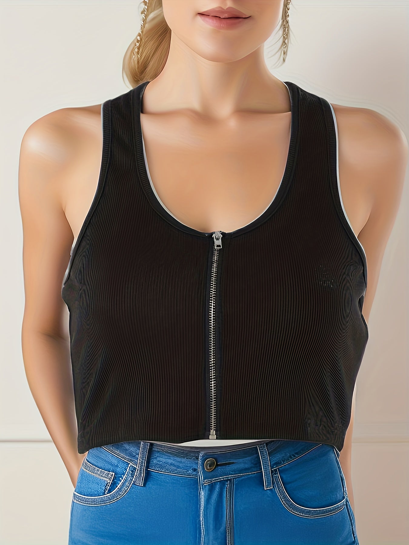 Women's Solid Zipper Tank Top Sleeveless Summer Wear
