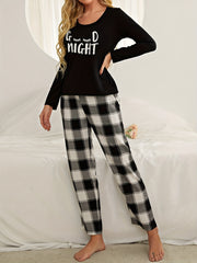 Letter Print Pajama Set Crew Neck Top & Pants Women's Sleepwear