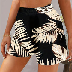 Leaves Print Elastic Waist Shorts Vacation Summer Versatile Shorts