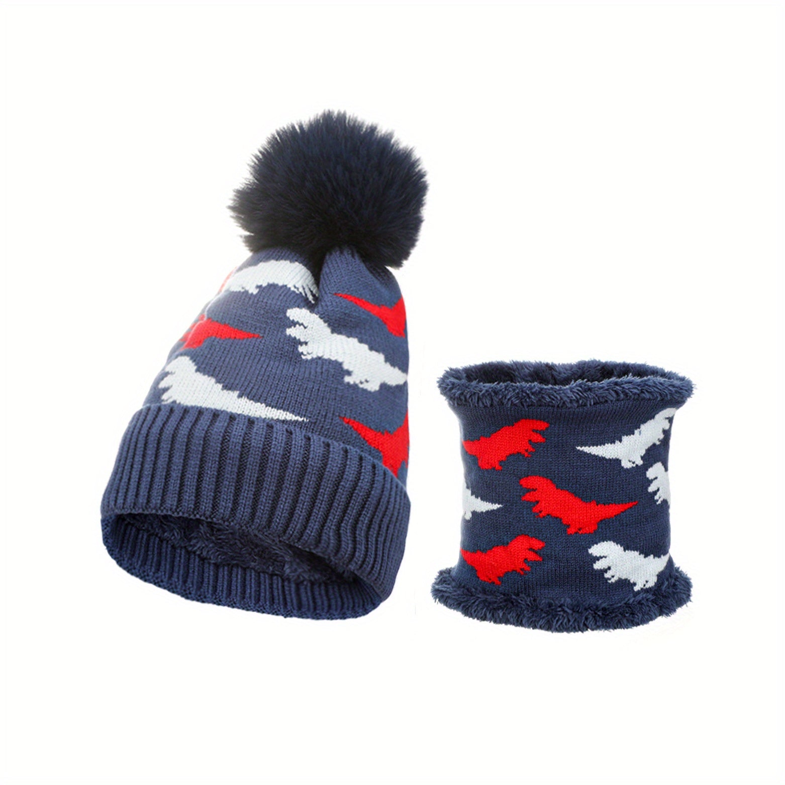 Kids Dino Knit Beanie Hat & Velvet Neck Gaiter Set