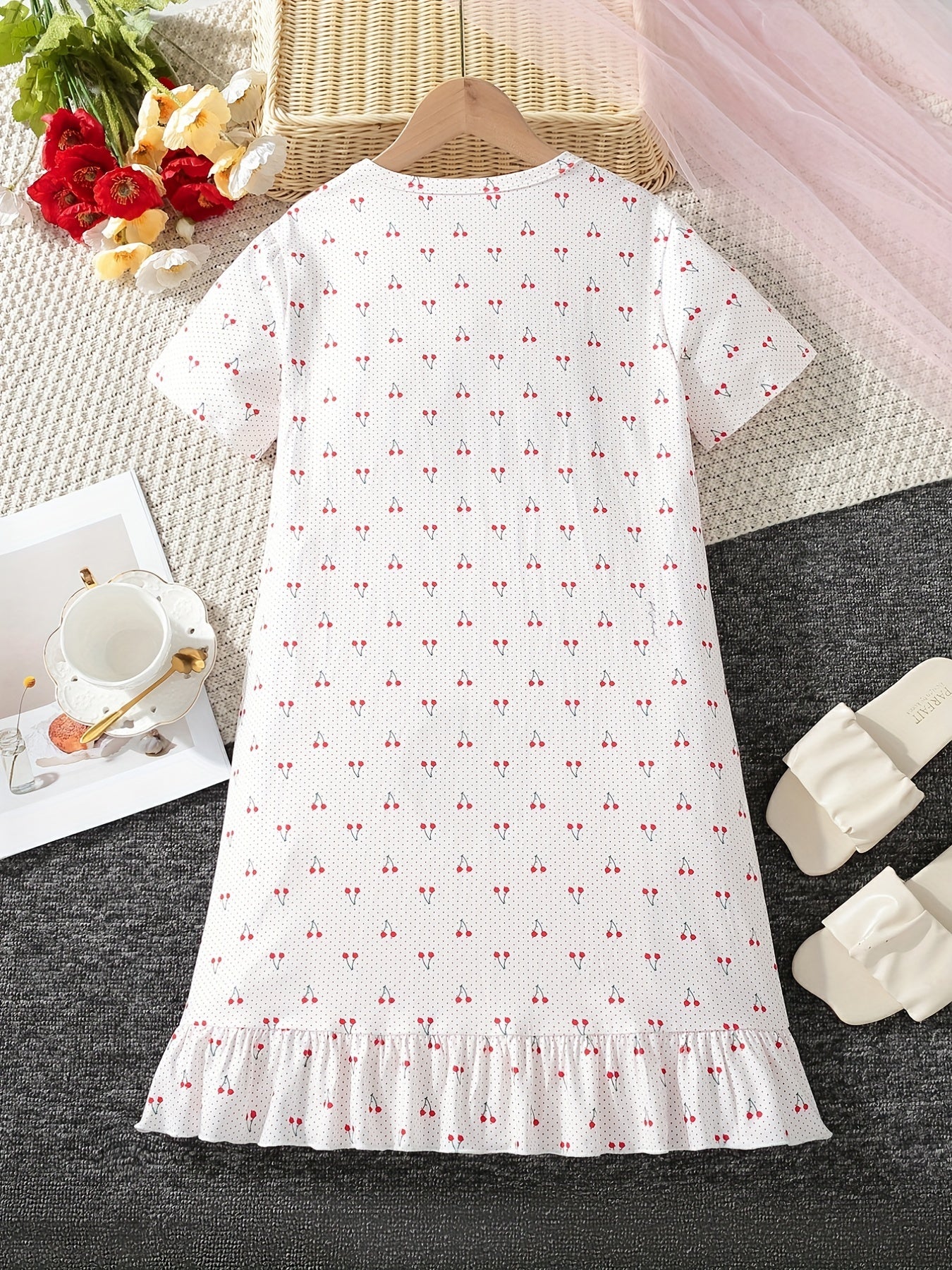 Girls Cherry Print PJ Nightdress Ruffle Decor Short Sleeve Round Neck Dress