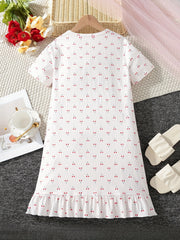 Girls Cherry Print PJ Nightdress Ruffle Decor Short Sleeve Round Neck Dress