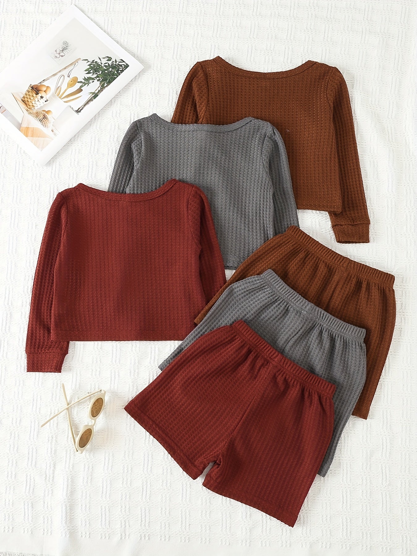 Girl's Solid 2pcs Long Sleeve Top & Shorts Set Waffle Texture Outfit