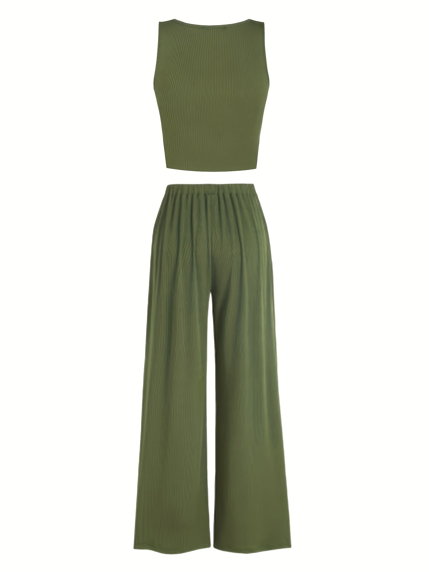Solid Two Piece Set Sleeveless V Neck Tank Top & Wide Leg Pants