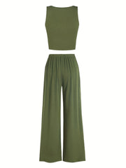 Solid Two Piece Set Sleeveless V Neck Tank Top & Wide Leg Pants