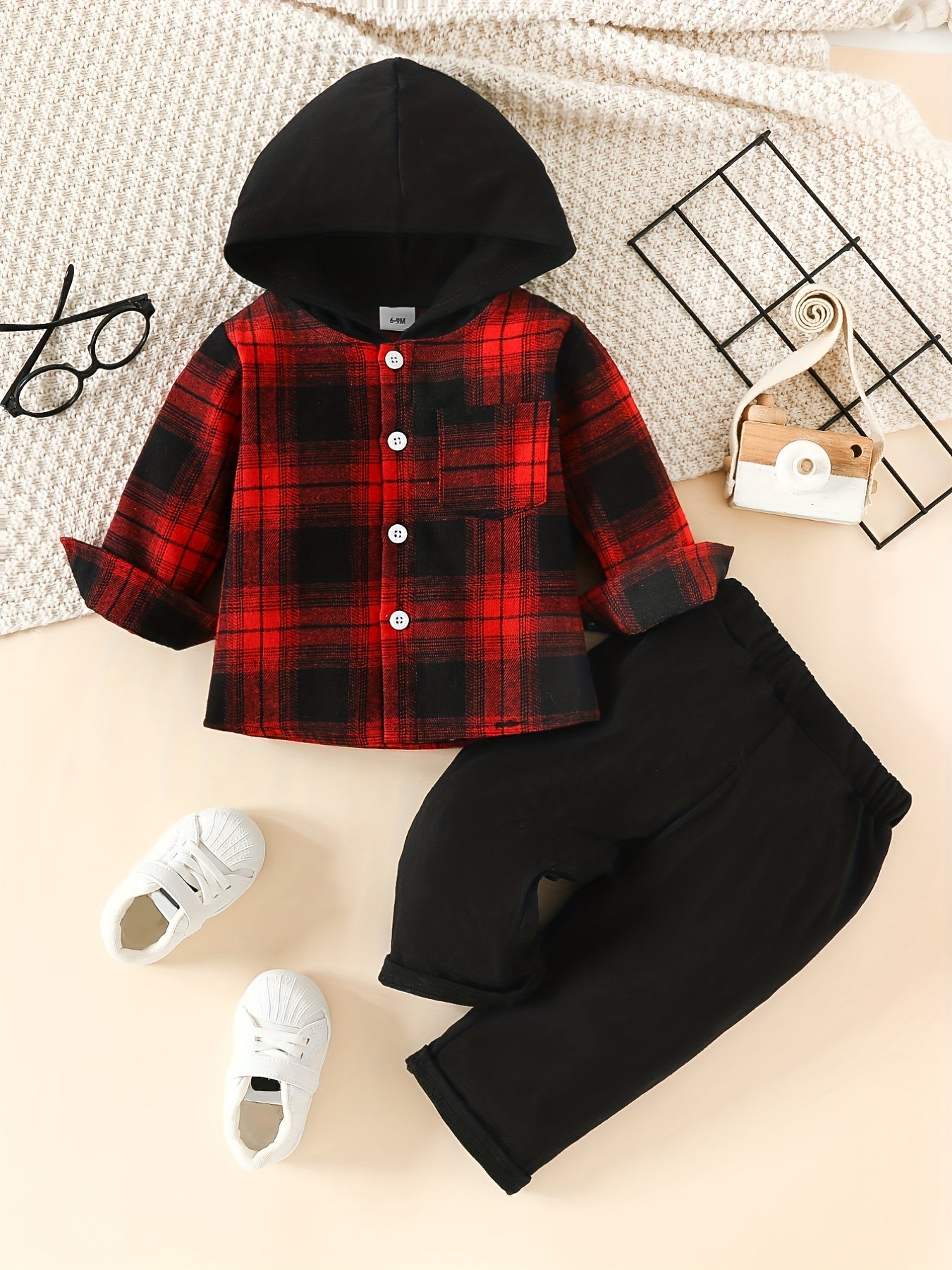 Boy's Plaid Block Hooded Shirt & Pants Set Spring Fall Outfit