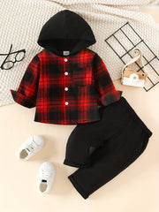 Boy's Plaid Block Hooded Shirt & Pants Set Spring Fall Outfit
