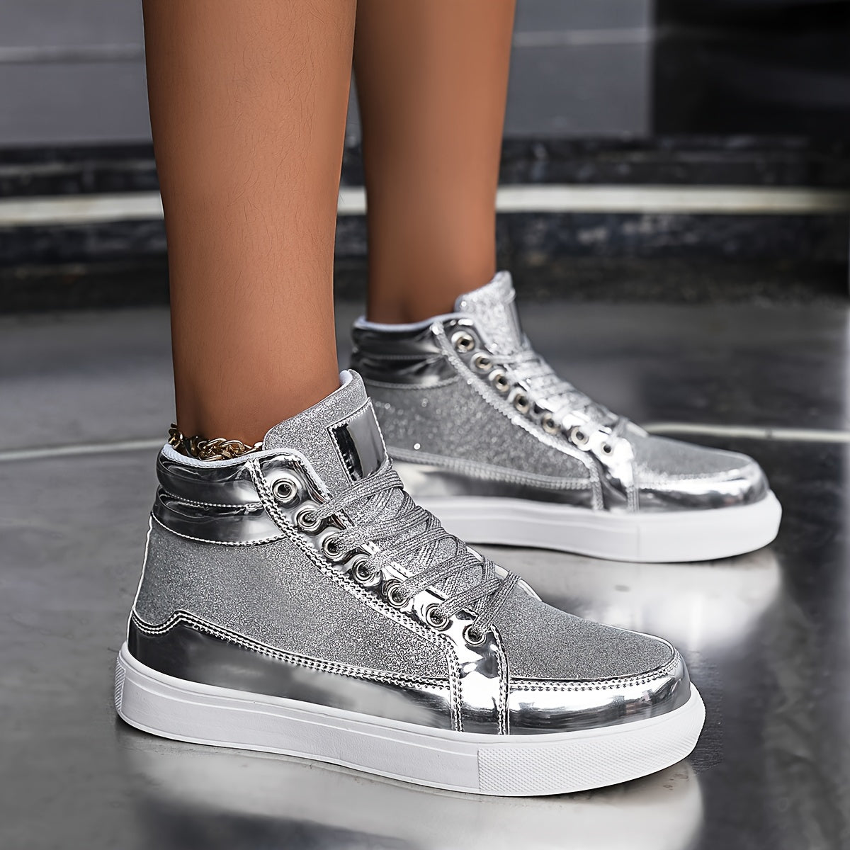 Sequin Reflective High Top Skate Shoes Glitter