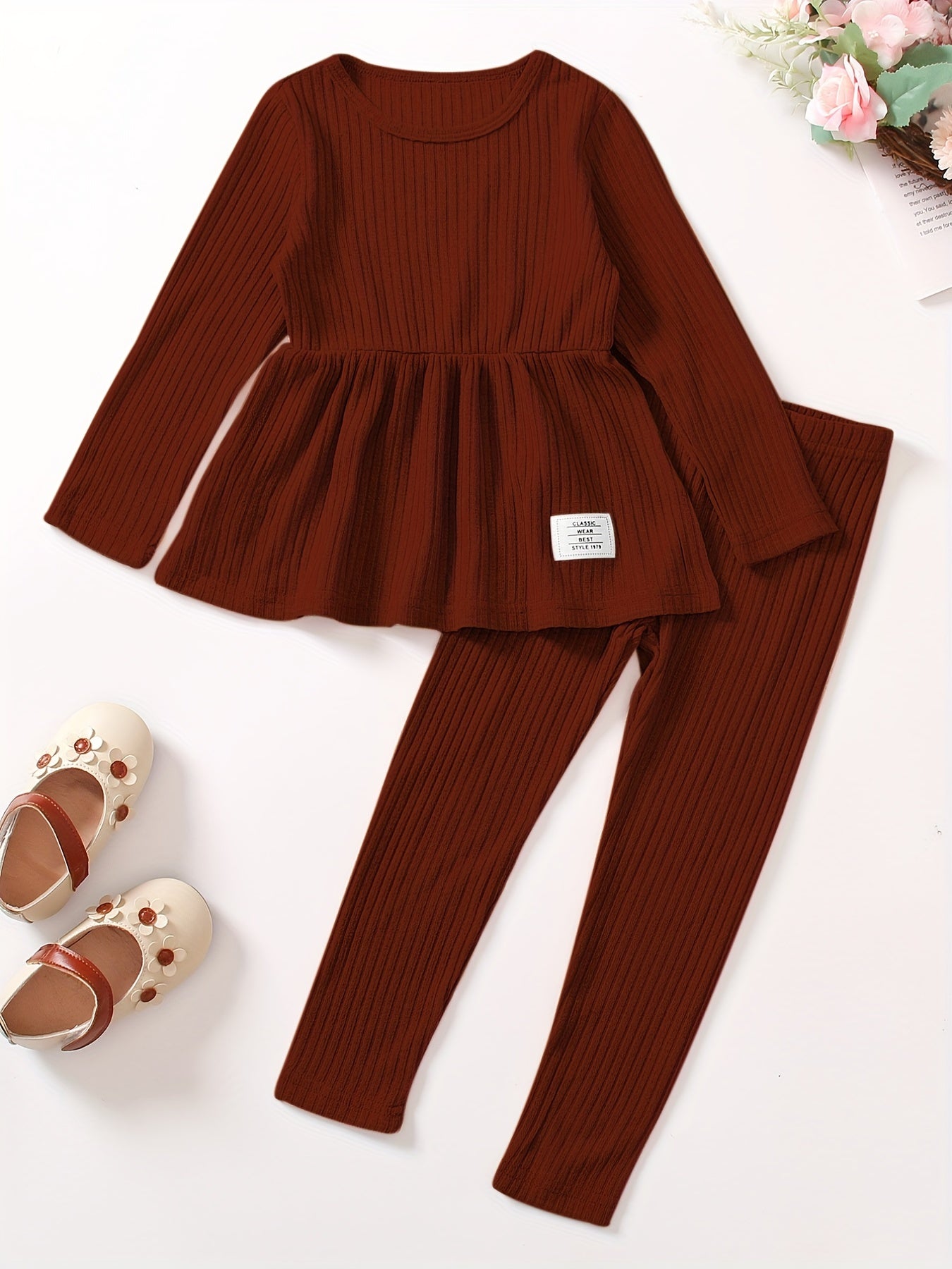 Girl's 2 Piece Outfits Long Sleeve Peplum Tops And Leggings Pants Set