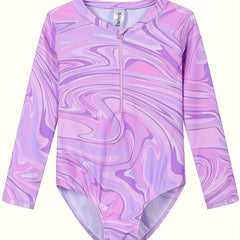 Girls Patterned Long Sleeve Rash Guard Bathing Suit for Summer Surfing