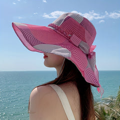 Striped Block Sun Hat Ribbon Bowknot Wide Brim Bucket Hat