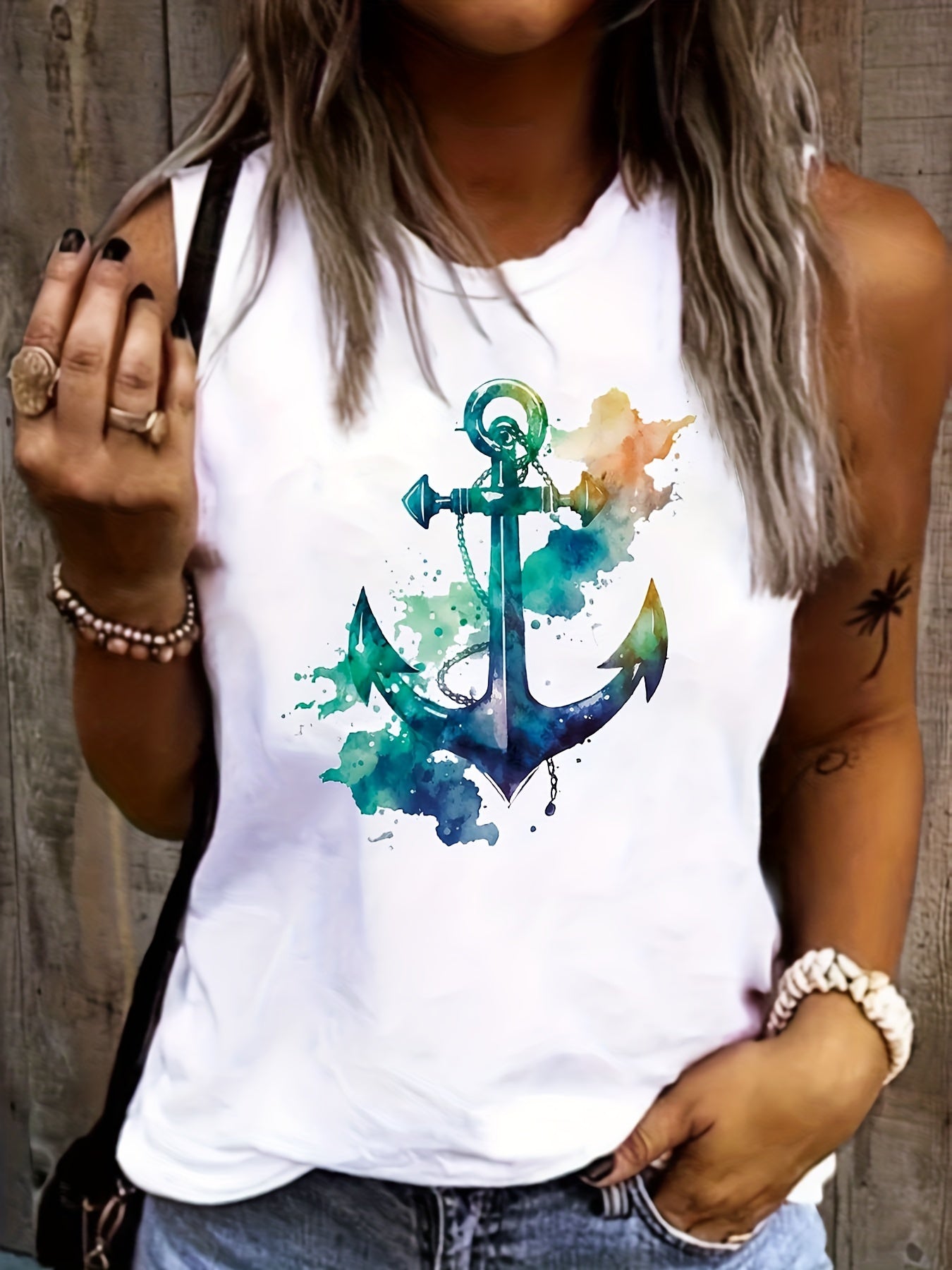 Watercolor Anchor Print Tank Top Sleeveless Summer Women's Top