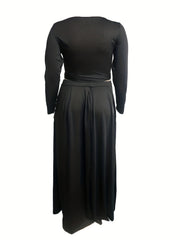 Solid Long Sleeve Crop Top & Maxi Skirt Two Piece Set