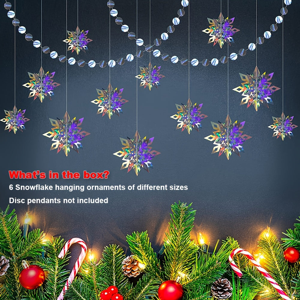 6pcs Christmas Hanging Snowflake Decorations - 3D Holographic Snowflake Decor
