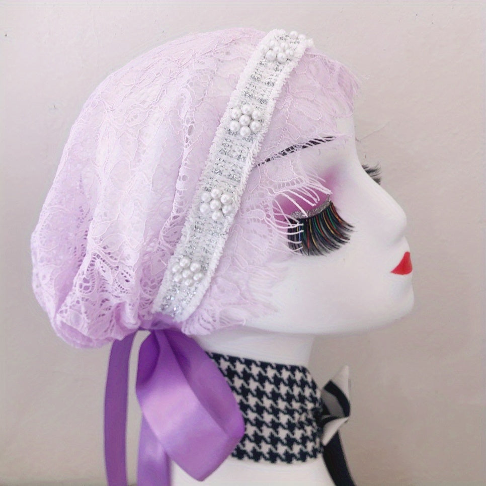 Women's Faux Pearl Lace Turban Cap Beanie