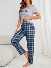 Letter Print Pajamas Set Short Sleeve Top & Plaid Pants