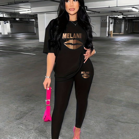 Melanin Lips Print 2pc Set Crew Neck Tee & Slim Pants Outfits