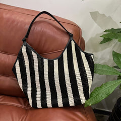 Striped Mesh Splicing Leather Tote Bag with Long Shoulder Strap